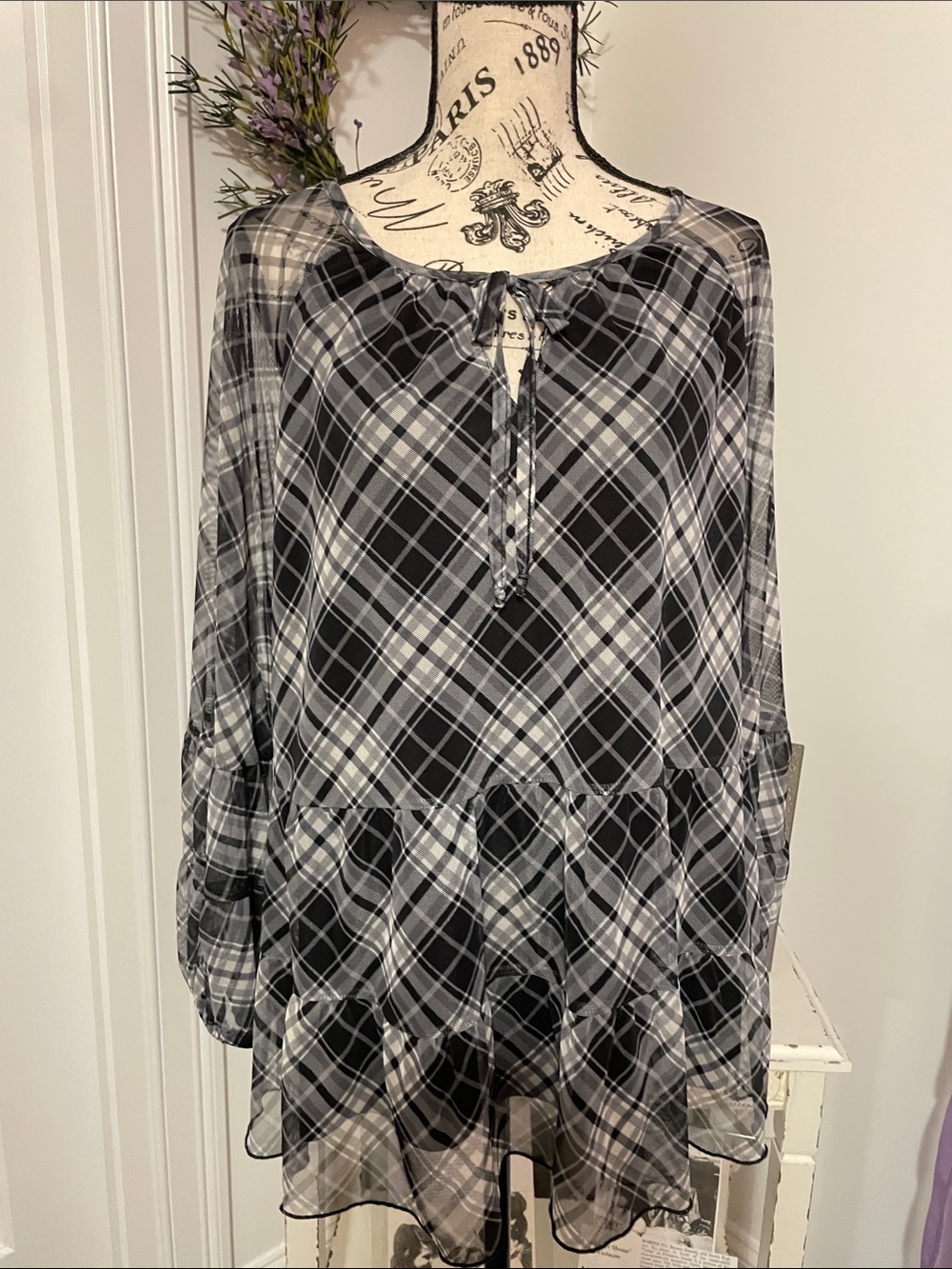Terra & Sky Black, Gray and White Plaid Tunic with Tie Neck